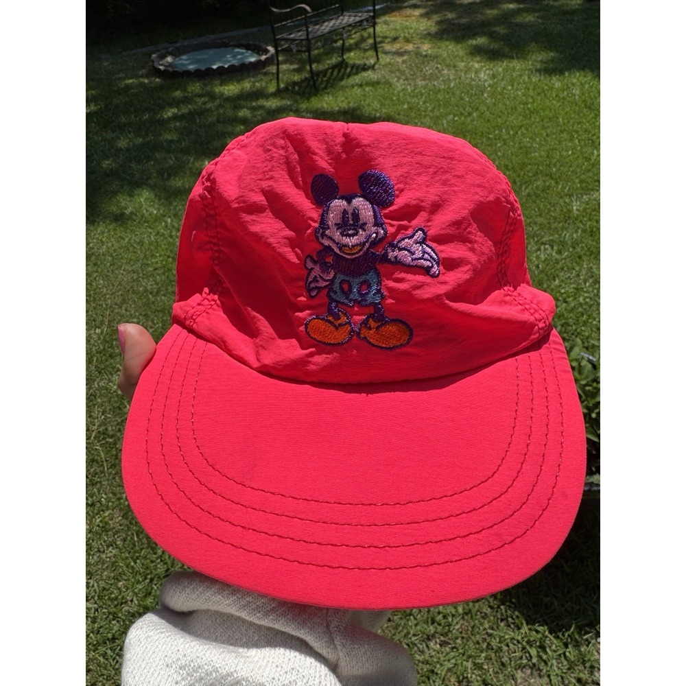 Vintage Walt Disney Mickey Pink Nylon Leather Strap Snapback Cap Hat USA